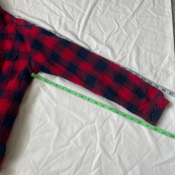 Boston Traders Flannel Shirt Jacket Womens S Red Navy Plaid Sherpa Lined Hooded - Picture 5 of 6